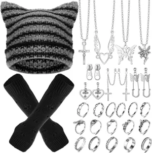 Sureio 25 Pcs Y2k Grunge Knitted Cat Beanie with Fairy Grunge Ripped Gloves Earrings Necklace Rings Monster Horn Accessories(Black)