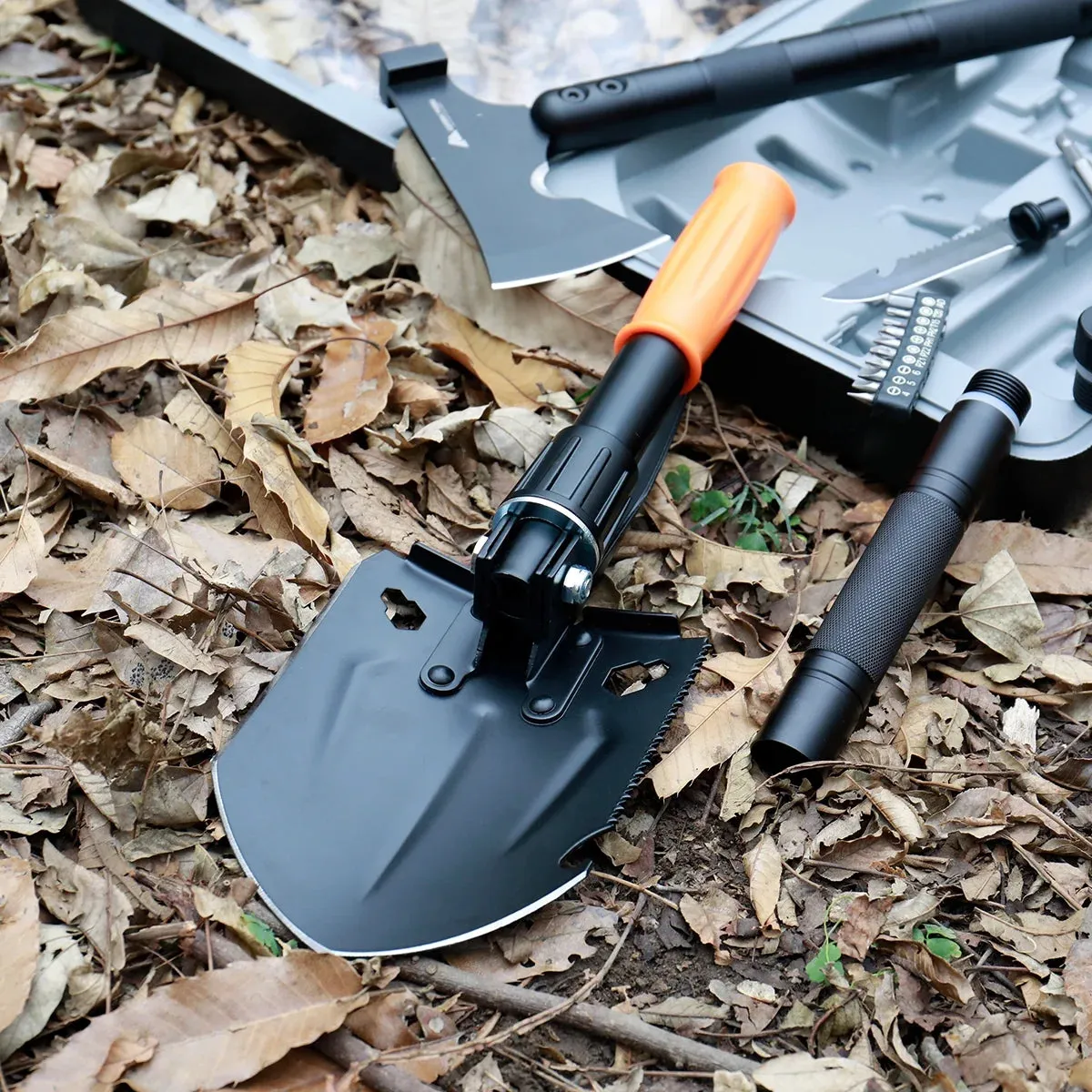 Survival Kit with Folding Shovel | 15.35" High-Carbon Steel Multi-Tool | Professional Emergency Gear with Hard Case