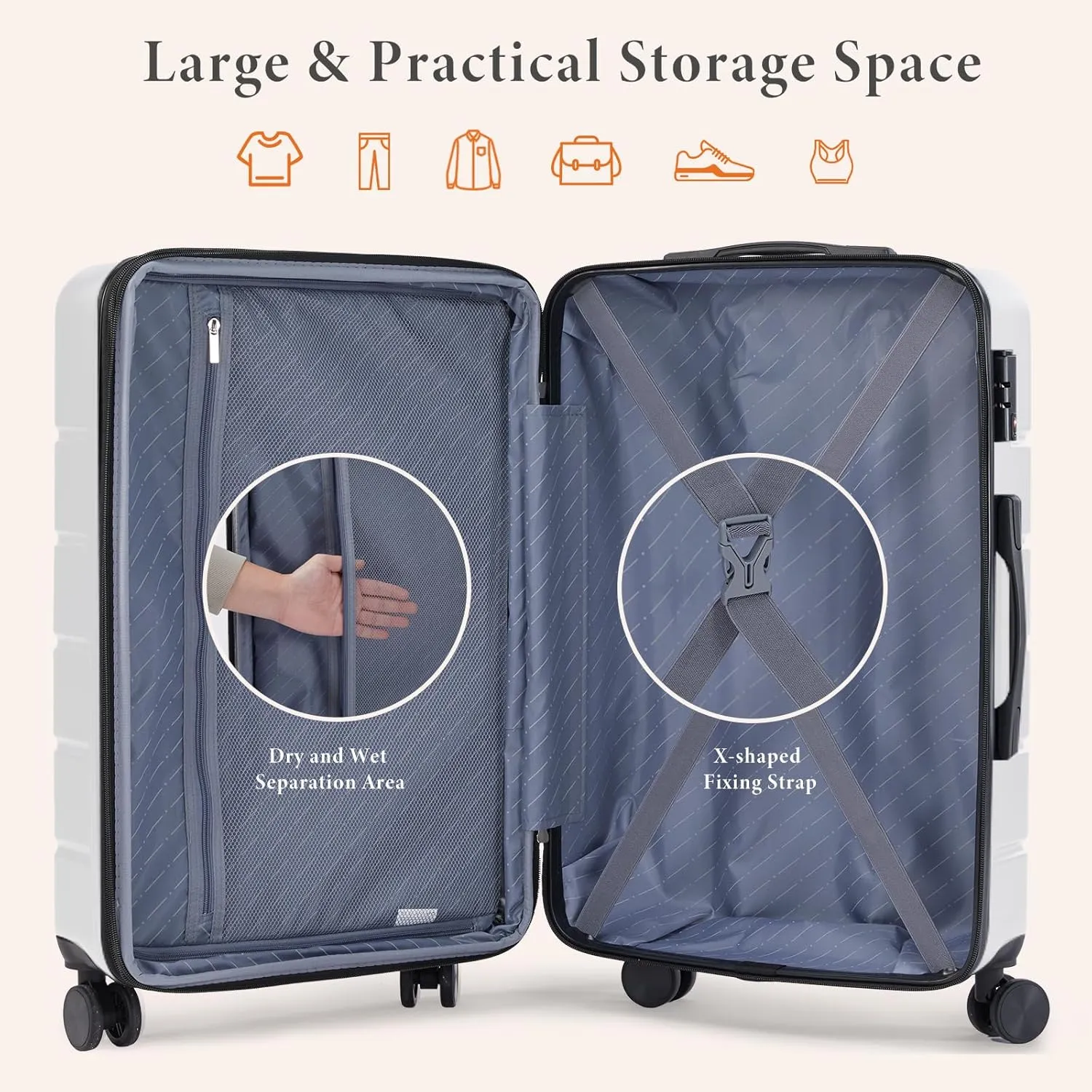 Sweetcrispy Carry on Luggage, Hard Shell ABS, Double Spinner Wheels Lightweight Suitcase TSA Lock, Cream White, 24 Inch