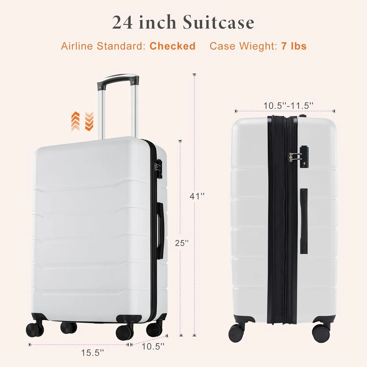 Sweetcrispy Carry on Luggage, Hard Shell ABS, Double Spinner Wheels Lightweight Suitcase TSA Lock, Cream White, 24 Inch