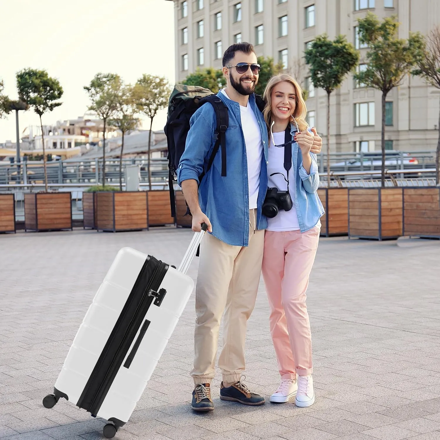 Sweetcrispy Carry on Luggage, Hard Shell ABS, Double Spinner Wheels Lightweight Suitcase TSA Lock, Cream White, 24 Inch