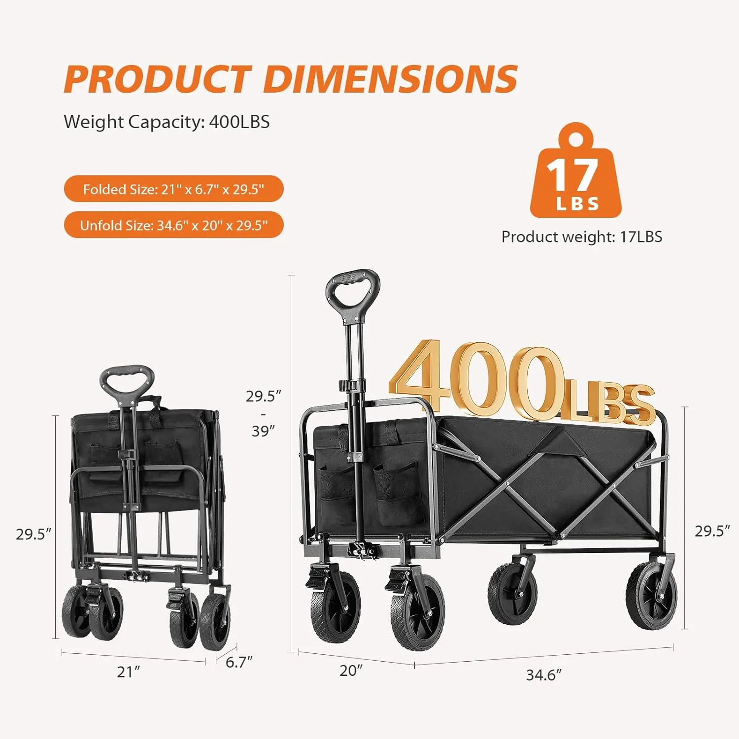 Sweetcrispy Collapsible Foldable Wagon Cart, Large Capacity Garden Beach Cart with All-Terrain Wheels, Heavy Duty Utility Grocery Wagon with Drink Holders for Shopping Sports Camping - 35IN Black