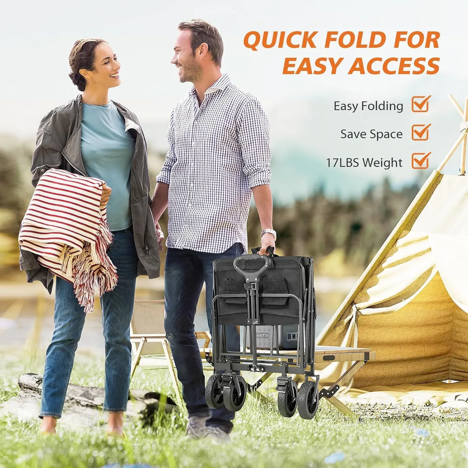 Sweetcrispy Collapsible Foldable Wagon Cart, Large Capacity Garden Beach Cart with All-Terrain Wheels, Heavy Duty Utility Grocery Wagon with Drink Holders for Shopping Sports Camping - 35IN Black
