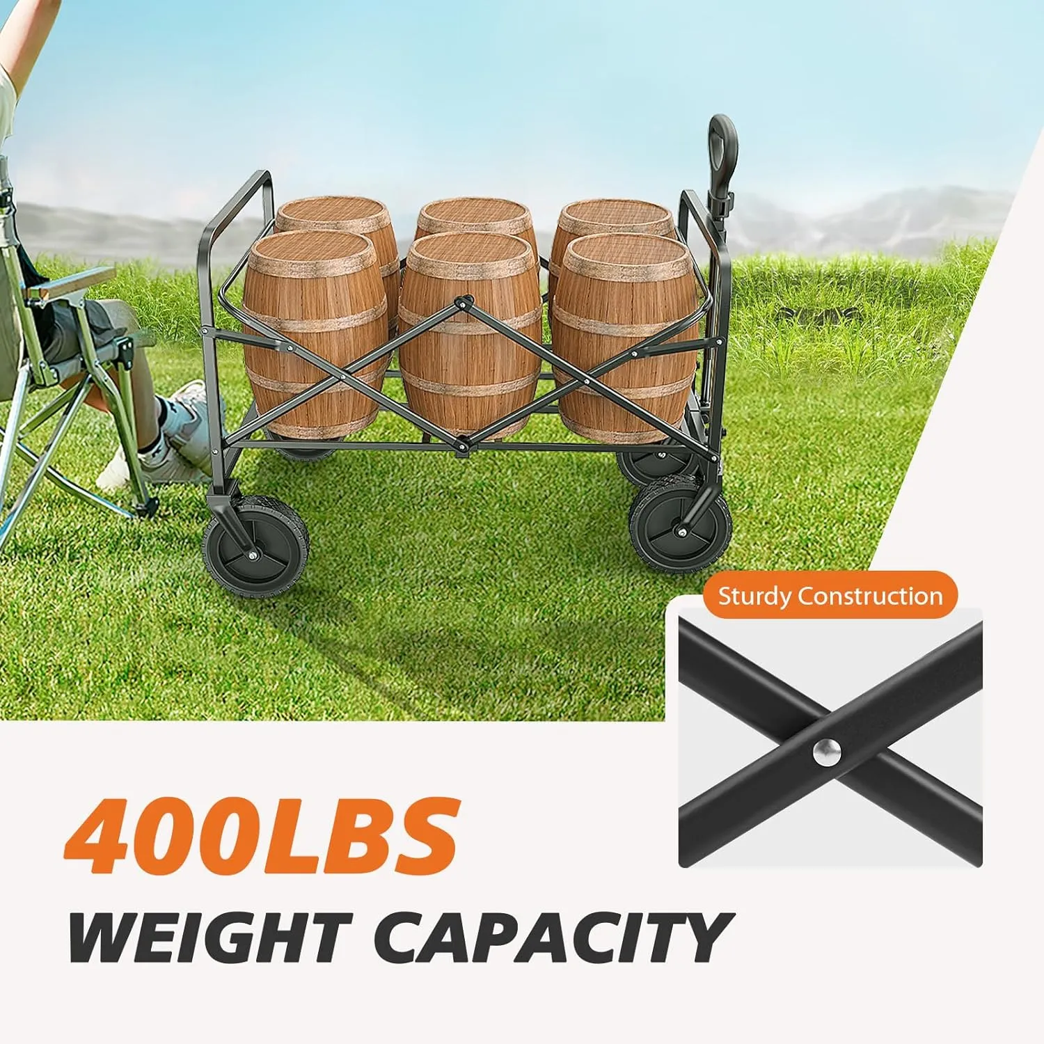 Sweetcrispy Collapsible Foldable Wagon Cart, Large Capacity Garden Beach Cart with All-Terrain Wheels, Heavy Duty Utility Grocery Wagon with Drink Holders for Shopping Sports Camping - 35IN Black