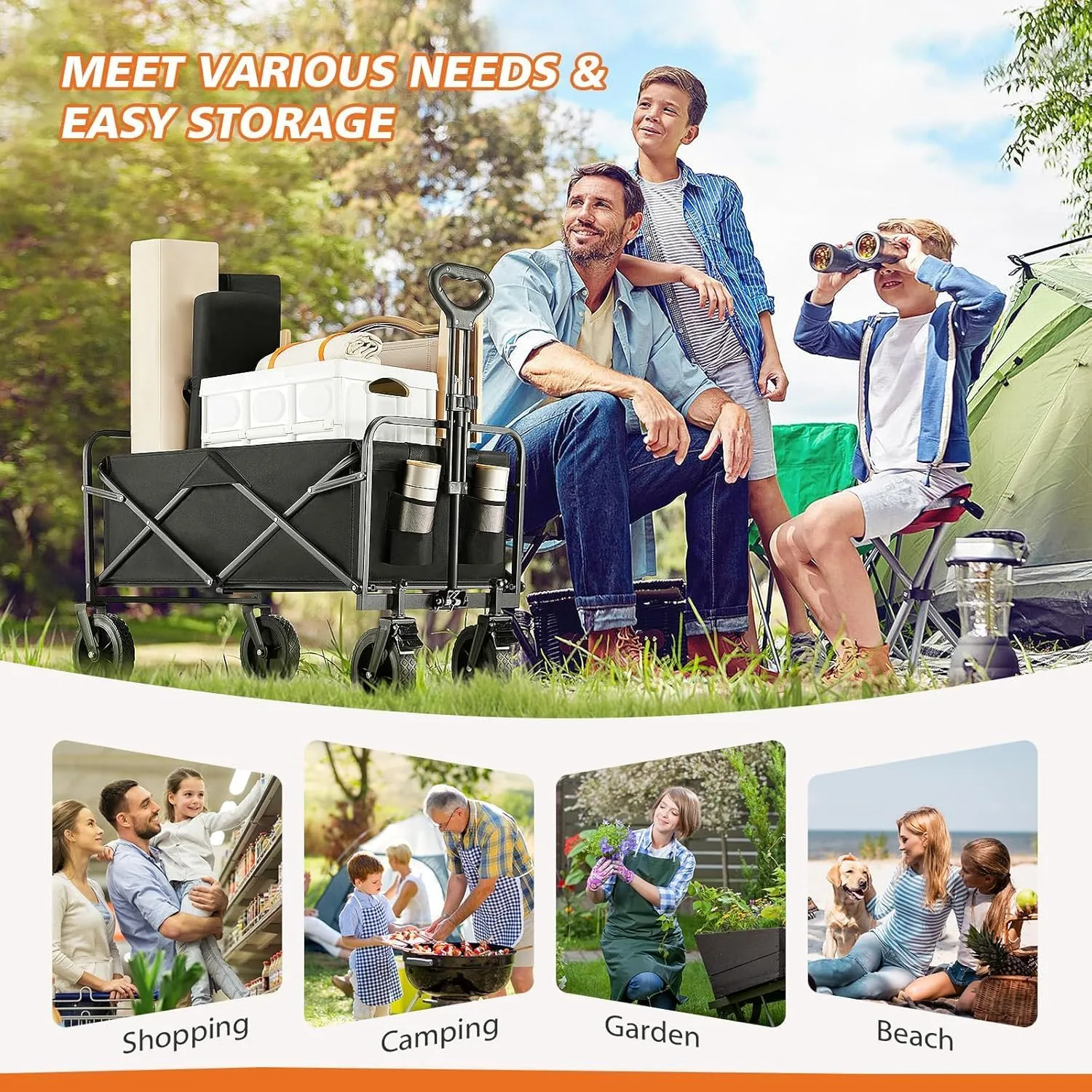 Sweetcrispy Collapsible Foldable Wagon Cart, Large Capacity Garden Beach Cart with All-Terrain Wheels, Heavy Duty Utility Grocery Wagon with Drink Holders for Shopping Sports Camping - 35IN Black