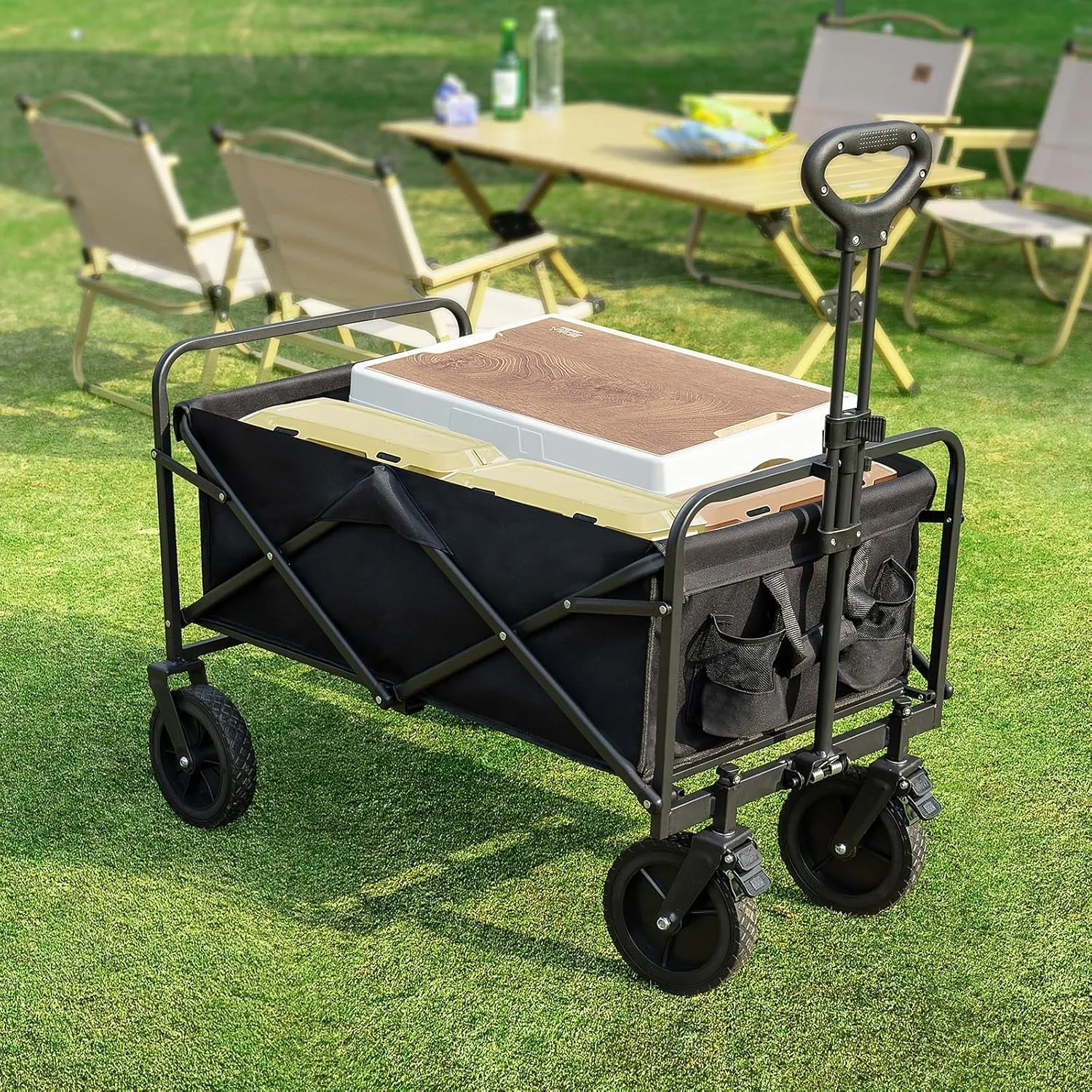 Sweetcrispy Collapsible Foldable Wagon Cart, Large Capacity Garden Beach Cart with All-Terrain Wheels, Heavy Duty Utility Grocery Wagon with Drink Holders for Shopping Sports Camping - 35IN Black