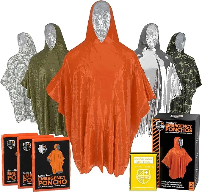 Swiss Safe Emergency Rain Ponchos, Reusable Mylar Poncho for Men, Women, Kids, Adults