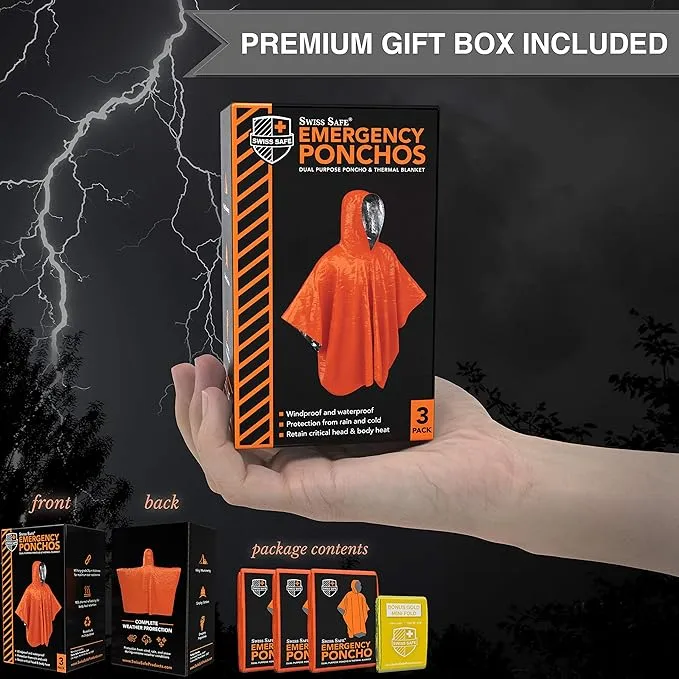Swiss Safe Emergency Rain Ponchos, Reusable Mylar Poncho for Men, Women, Kids, Adults