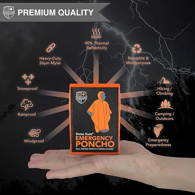 Swiss Safe Emergency Rain Ponchos, Reusable Mylar Poncho for Men, Women, Kids, Adults