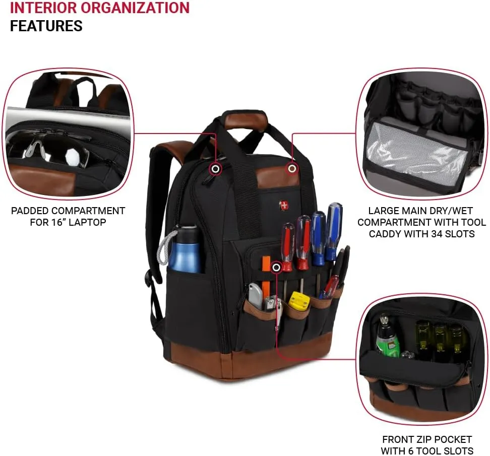SwissGear Tool Bag Backpack, Fits Up to 15-Inch Laptop, Work Pack, Black/Brown Canvas