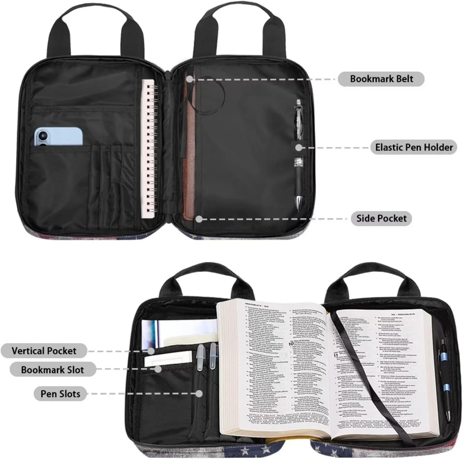 Talayituse 3D Deer American Flag Print Bible Cover for Women Men Bible Case Scripture Handbag Church Tote Bags Bible Book Case Bible Cover Bag with Handle and Zipper Pocket