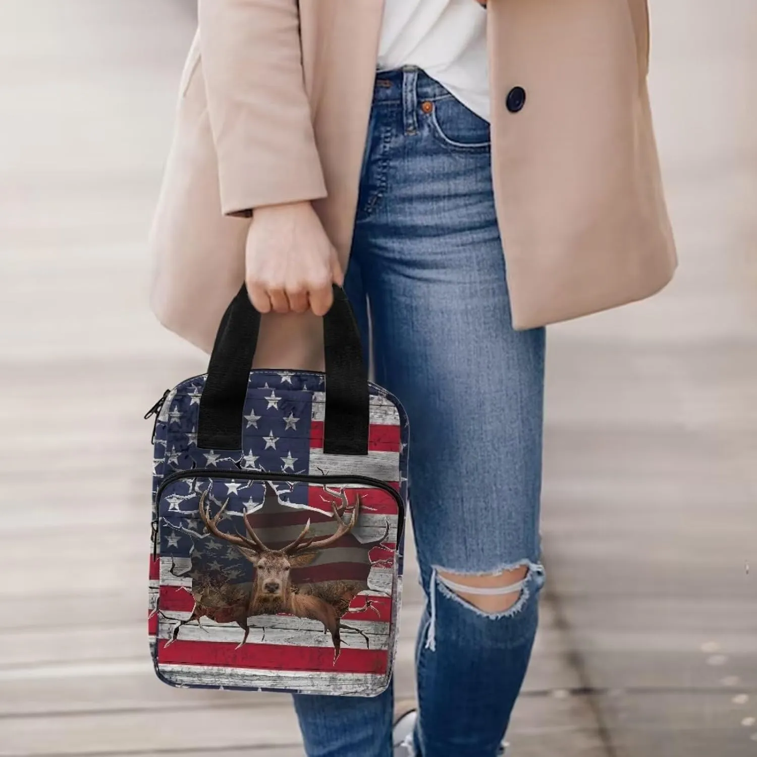 Talayituse 3D Deer American Flag Print Bible Cover for Women Men Bible Case Scripture Handbag Church Tote Bags Bible Book Case Bible Cover Bag with Handle and Zipper Pocket