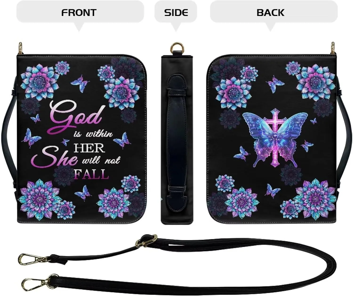 Talayituse Boho Mandala Butterfly Pattern Bible Covers for Women Men, God is Within Her PU Leather Bible Tote Bags Bible Holder Cover with Shoulder Strap, Bible Carrying Case with Handle, 2XL