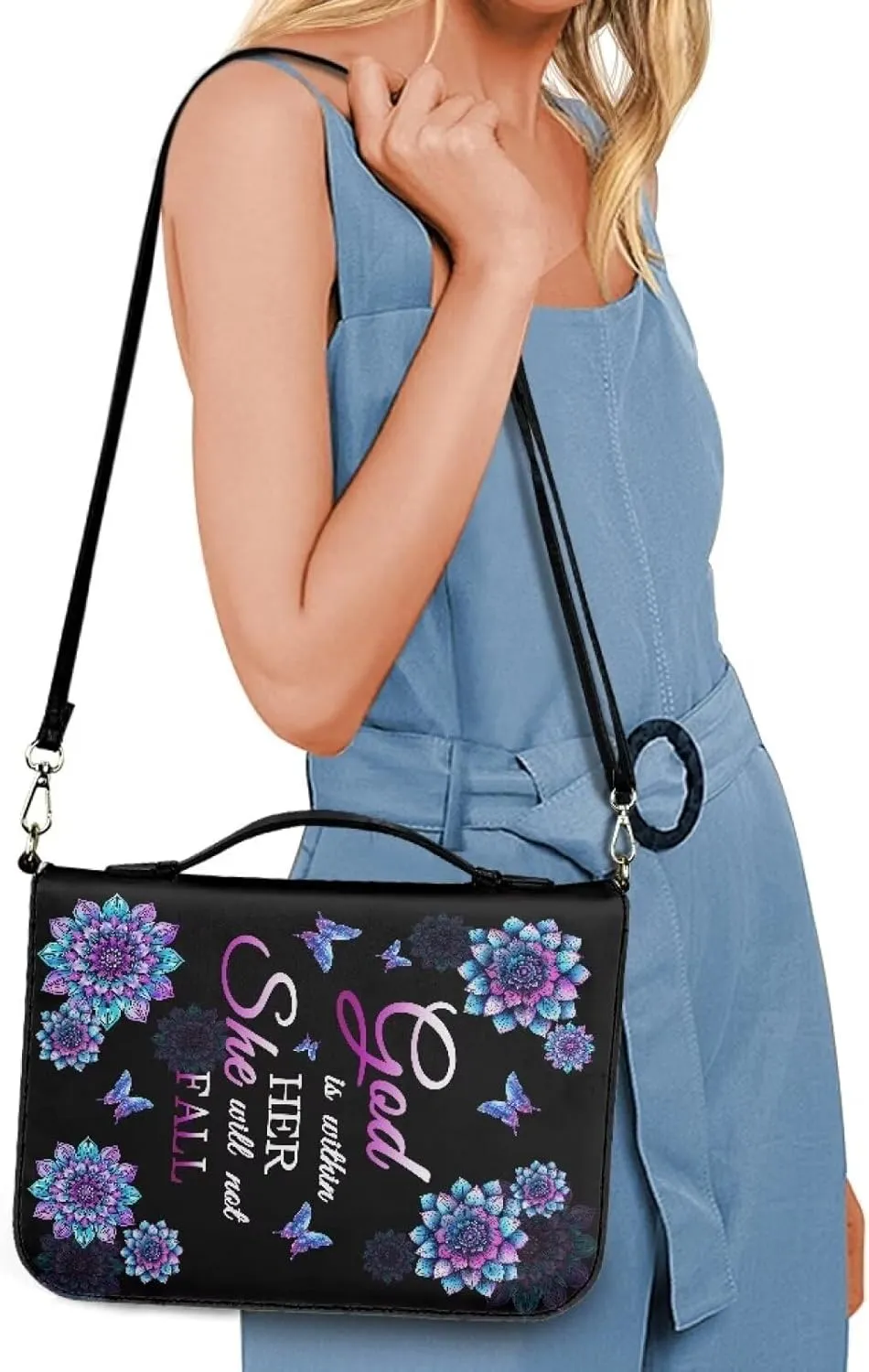 Talayituse Boho Mandala Butterfly Pattern Bible Covers for Women Men, God is Within Her PU Leather Bible Tote Bags Bible Holder Cover with Shoulder Strap, Bible Carrying Case with Handle, 2XL