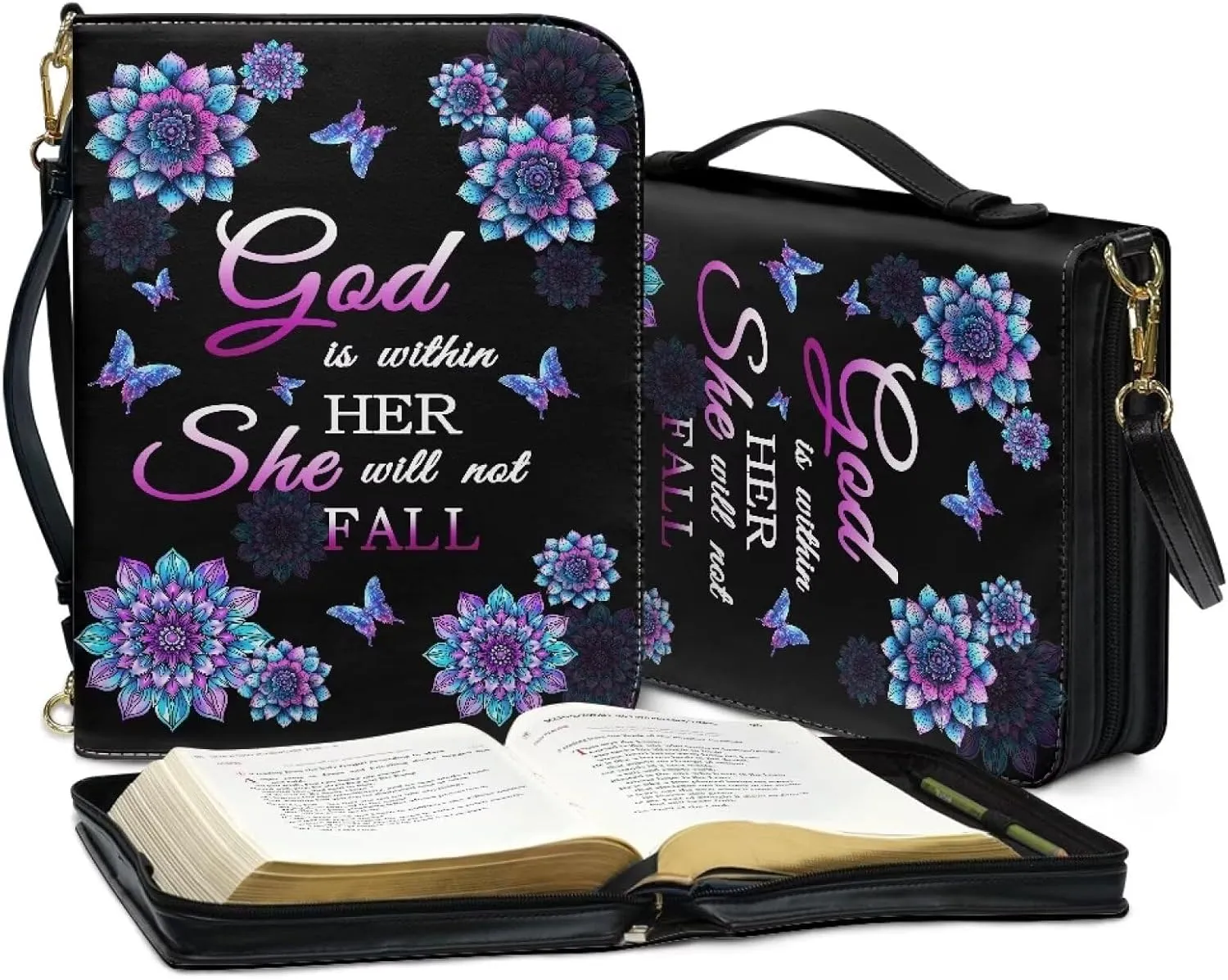 Talayituse Boho Mandala Butterfly Pattern Bible Covers for Women Men, God is Within Her PU Leather Bible Tote Bags Bible Holder Cover with Shoulder Strap, Bible Carrying Case with Handle, 2XL