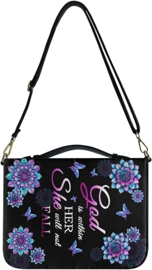 Talayituse Boho Mandala Butterfly Pattern Bible Covers for Women Men, God is Within Her PU Leather Bible Tote Bags Bible Holder Cover with Shoulder Strap, Bible Carrying Case with Handle, 2XL
