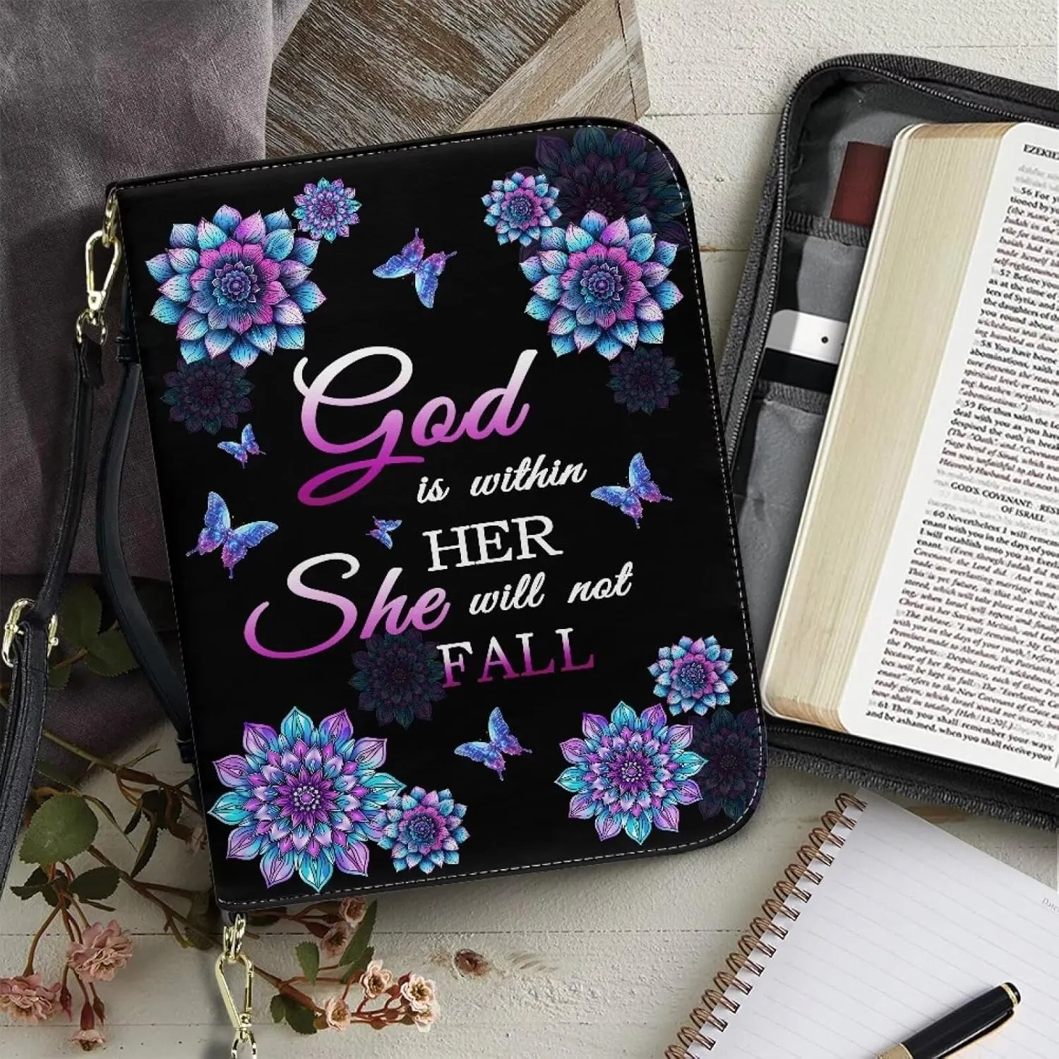 Talayituse Boho Mandala Butterfly Pattern Bible Covers for Women Men, God is Within Her PU Leather Bible Tote Bags Bible Holder Cover with Shoulder Strap, Bible Carrying Case with Handle, 2XL
