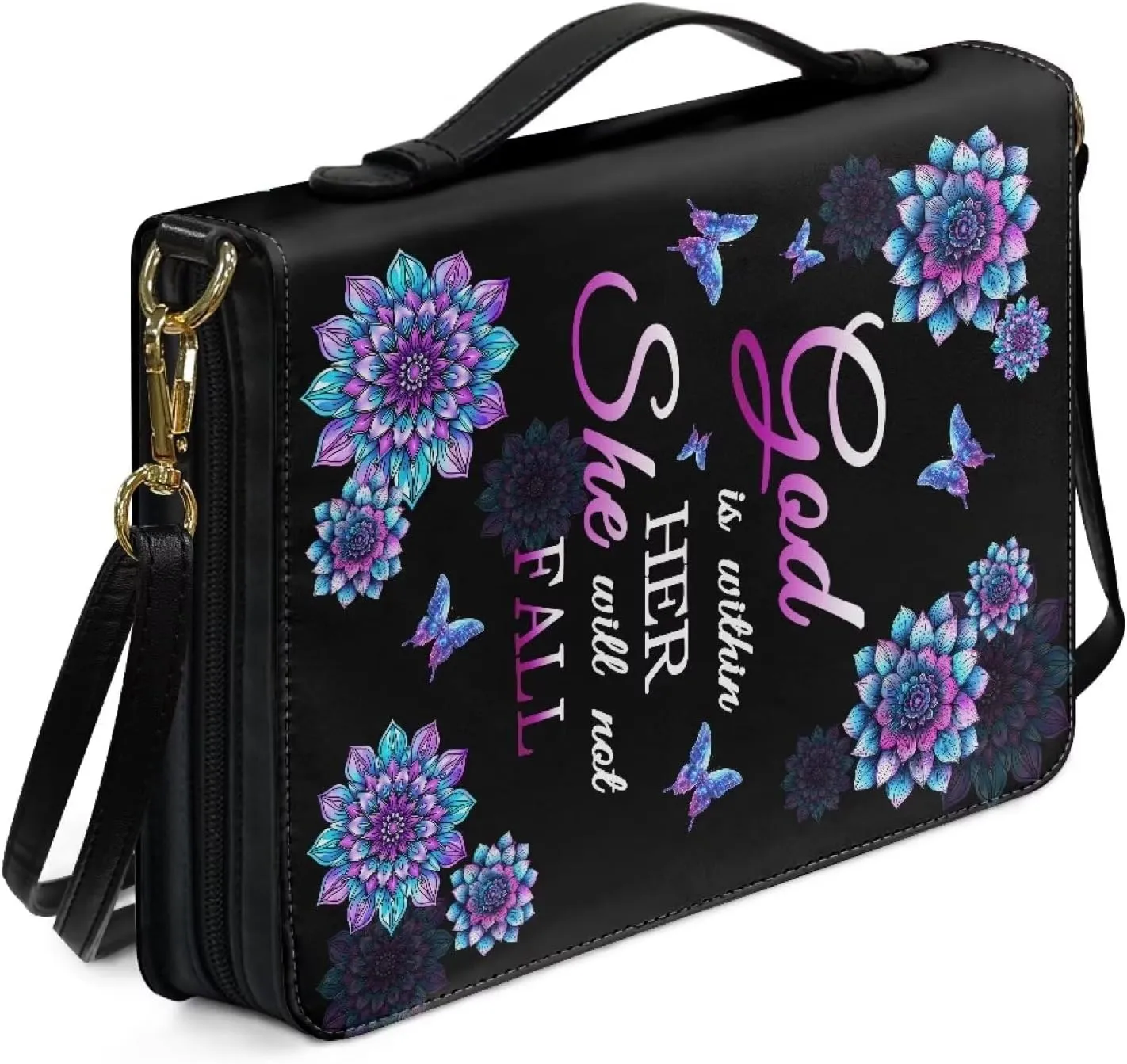 Talayituse Boho Mandala Butterfly Pattern Bible Covers for Women Men, God is Within Her PU Leather Bible Tote Bags Bible Holder Cover with Shoulder Strap, Bible Carrying Case with Handle, 2XL