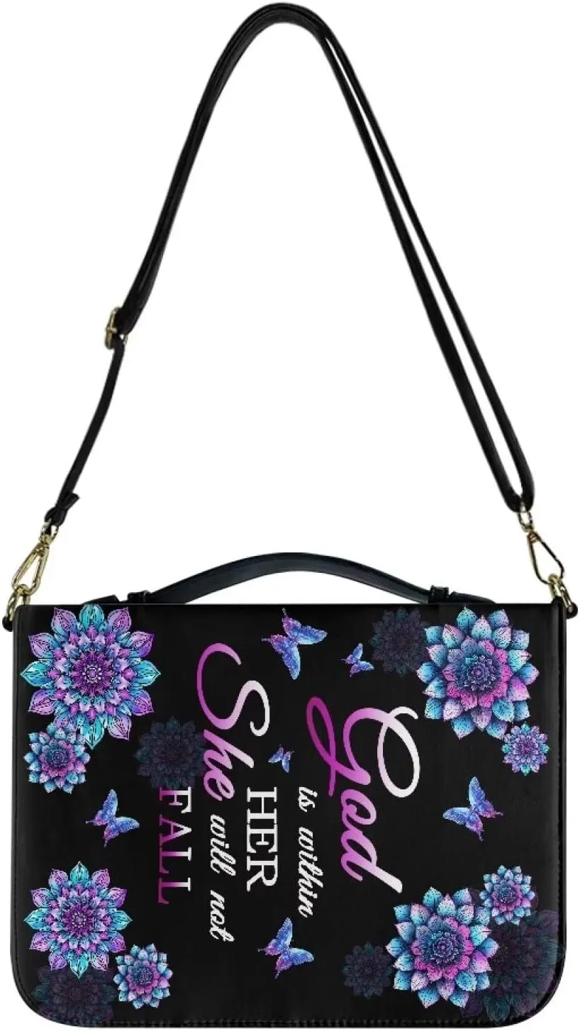 Talayituse Boho Mandala Butterfly Pattern Bible Covers for Women Men, God is Within Her PU Leather Bible Tote Bags Bible Holder Cover with Shoulder Strap, Bible Carrying Case with Handle, 2XL