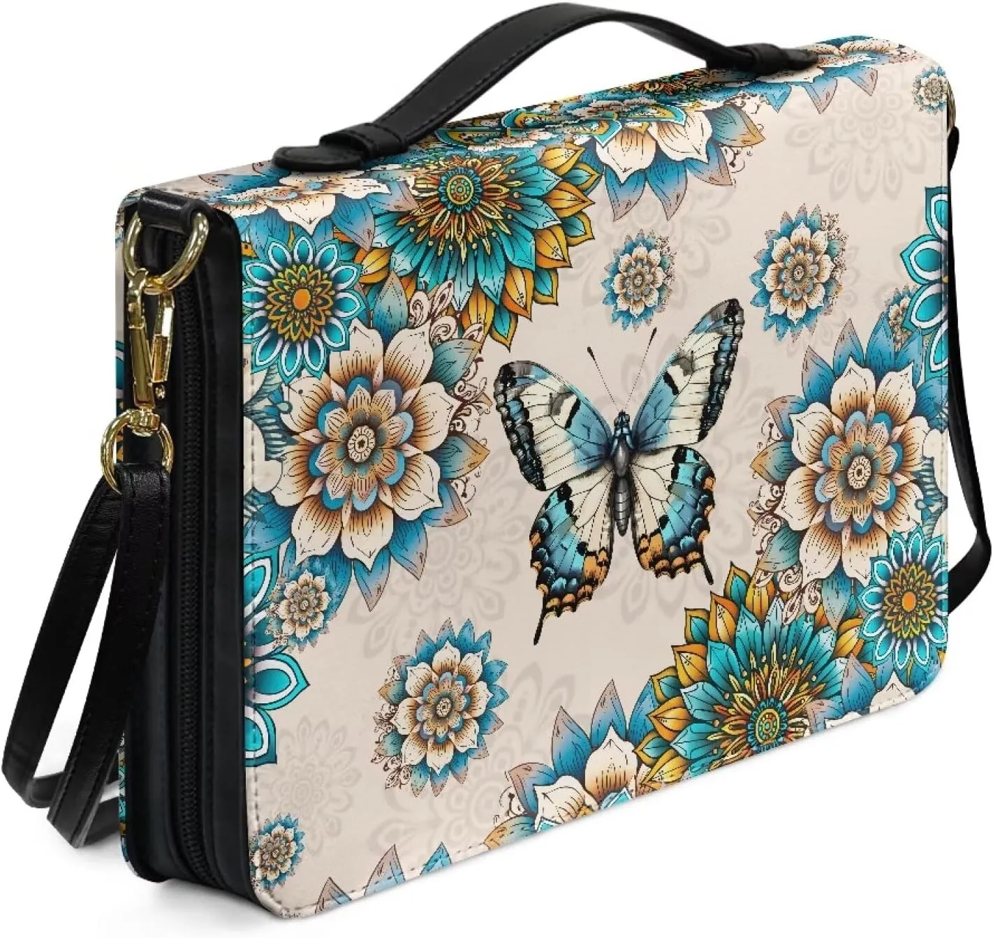 Talayituse Boho Mandala Butterfly Pattern Leather Bible Cover for Women Men Bible Case Multifunctional Bible Bag Bible Carrying Case Bible Carrier with Shoulder Strap, 2XL