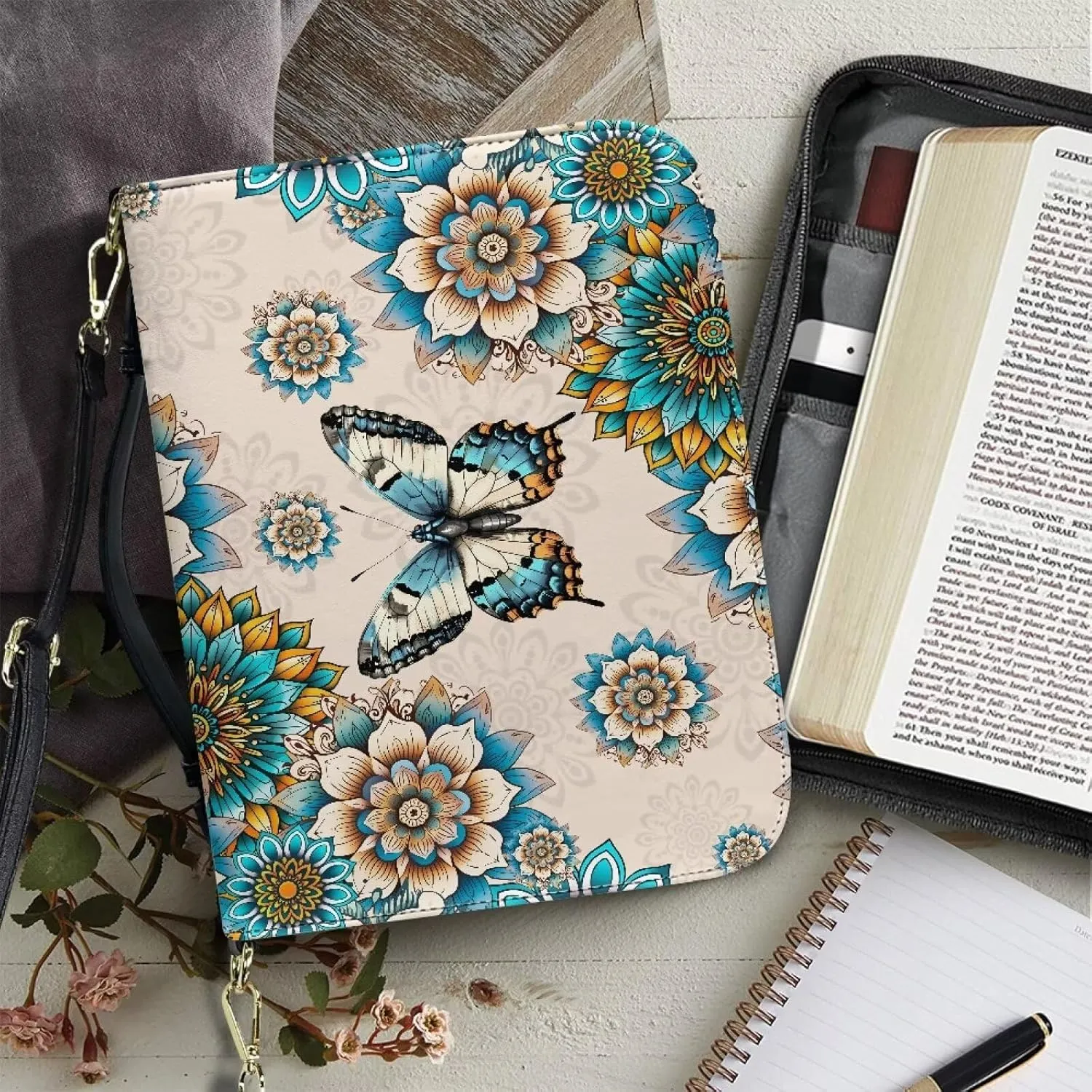 Talayituse Boho Mandala Butterfly Pattern Leather Bible Cover for Women Men Bible Case Multifunctional Bible Bag Bible Carrying Case Bible Carrier with Shoulder Strap, 2XL
