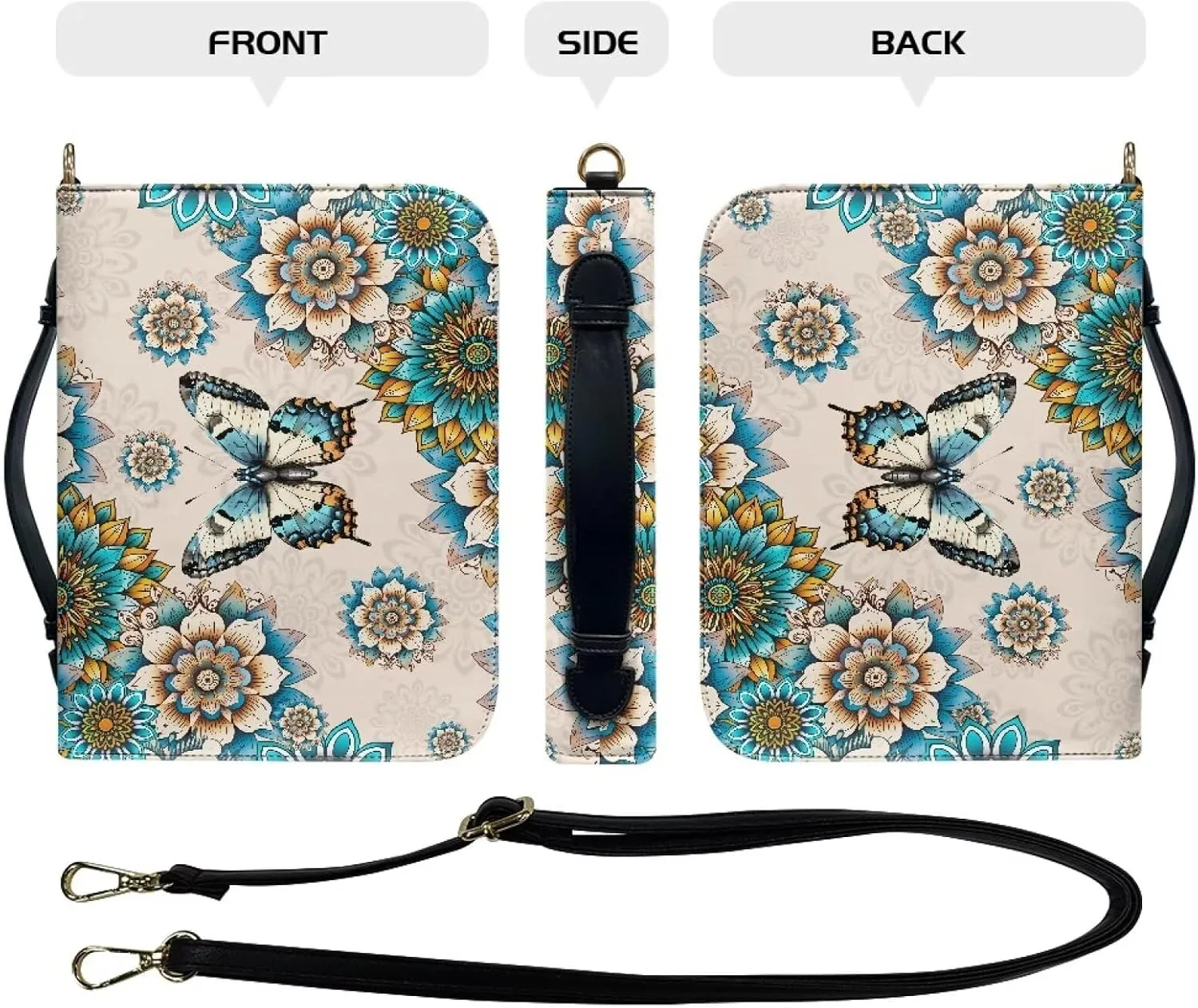 Talayituse Boho Mandala Butterfly Pattern Leather Bible Cover for Women Men Bible Case Multifunctional Bible Bag Bible Carrying Case Bible Carrier with Shoulder Strap, 2XL