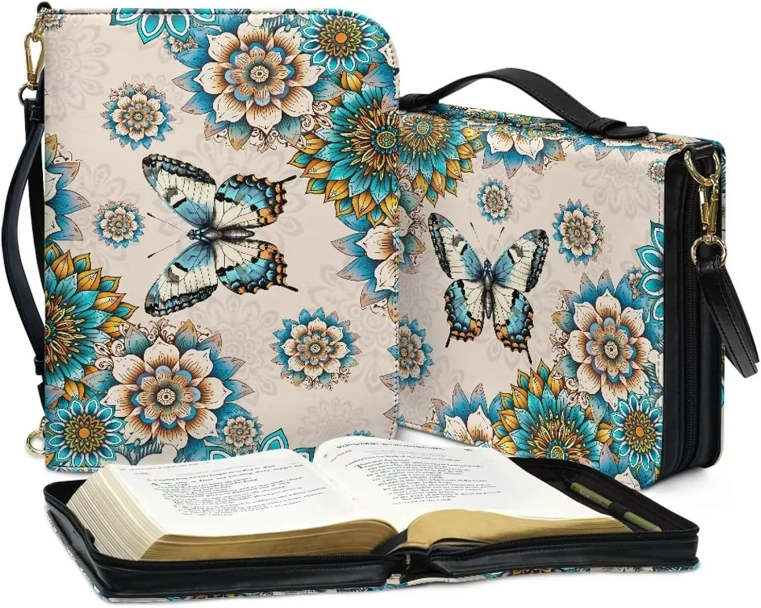 Talayituse Boho Mandala Butterfly Pattern Leather Bible Cover for Women Men Bible Case Multifunctional Bible Bag Bible Carrying Case Bible Carrier with Shoulder Strap, 2XL