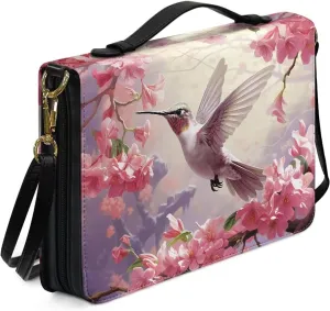 Talayituse Hummingbird Cherry Blossom Print Bible Covers for Women Men, Multifunctional Bible Bags with Shoulder Strap, PU Leather Bible Case Book Cover Tote Bag Bible Accessories with Handl, L