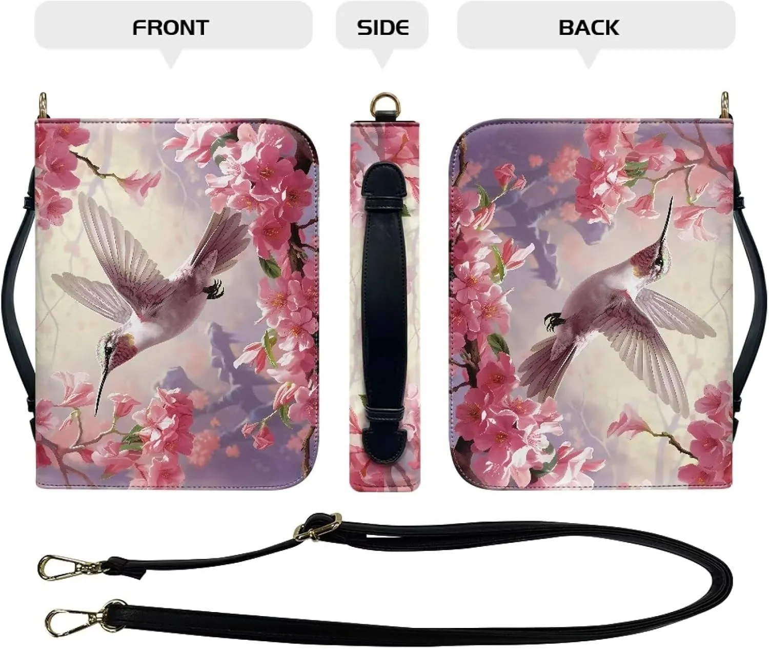 Talayituse Hummingbird Cherry Blossom Print Bible Covers for Women Men, Multifunctional Bible Bags with Shoulder Strap, PU Leather Bible Case Book Cover Tote Bag Bible Accessories with Handl, L