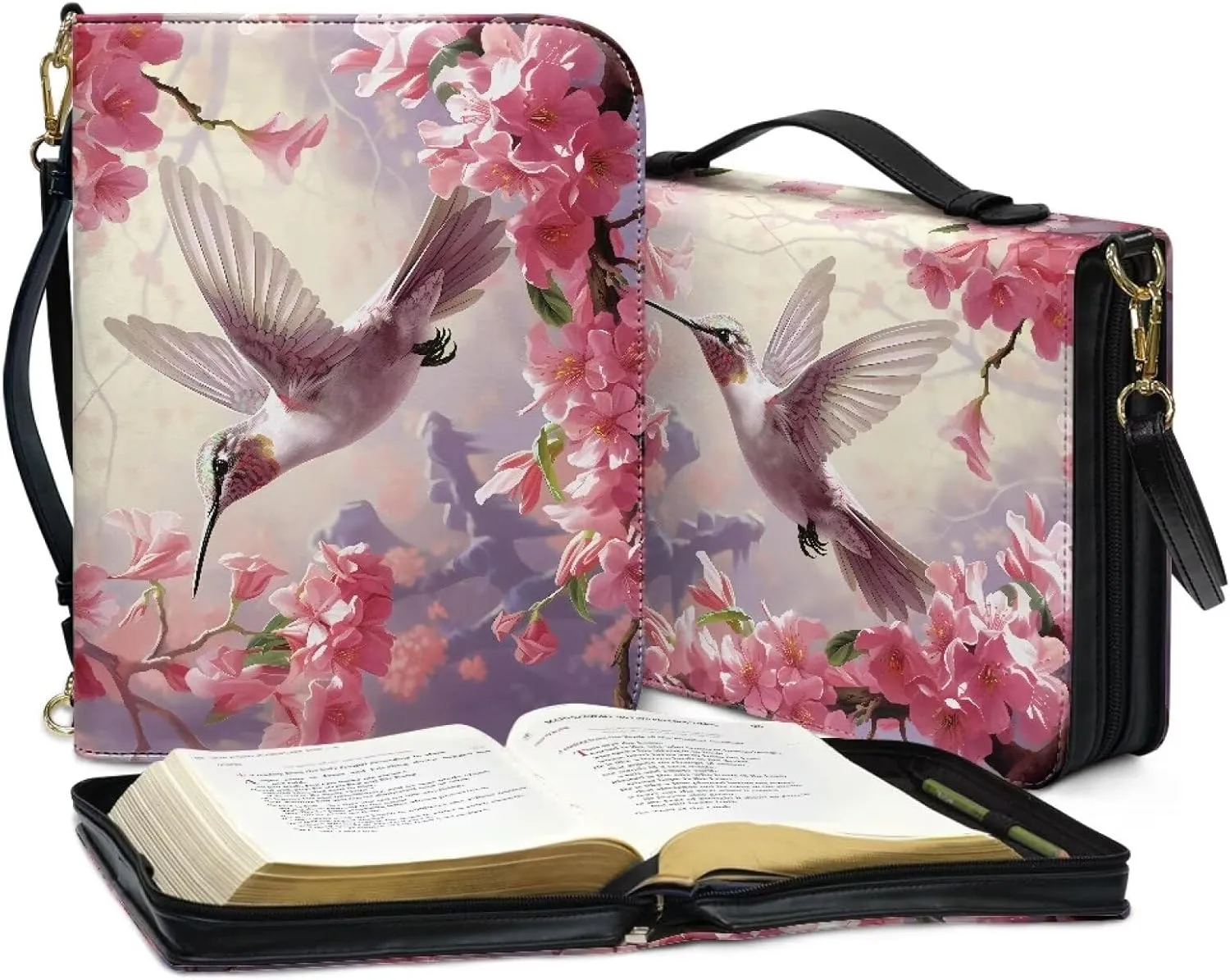 Talayituse Hummingbird Cherry Blossom Print Bible Covers for Women Men, Multifunctional Bible Bags with Shoulder Strap, PU Leather Bible Case Book Cover Tote Bag Bible Accessories with Handl, L