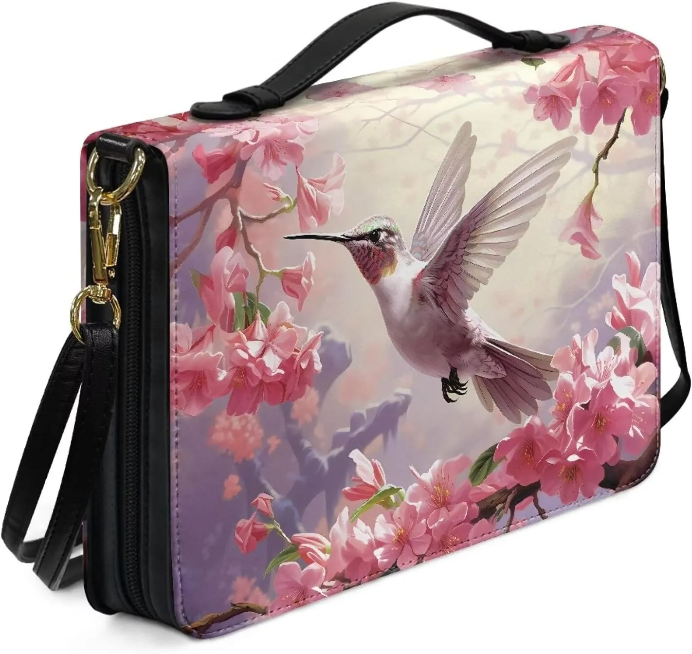 Talayituse Hummingbird Cherry Blossom Print Bible Covers for Women Men, Multifunctional Bible Bags with Shoulder Strap, PU Leather Bible Case Book Cover Tote Bag Bible Accessories with Handl, L