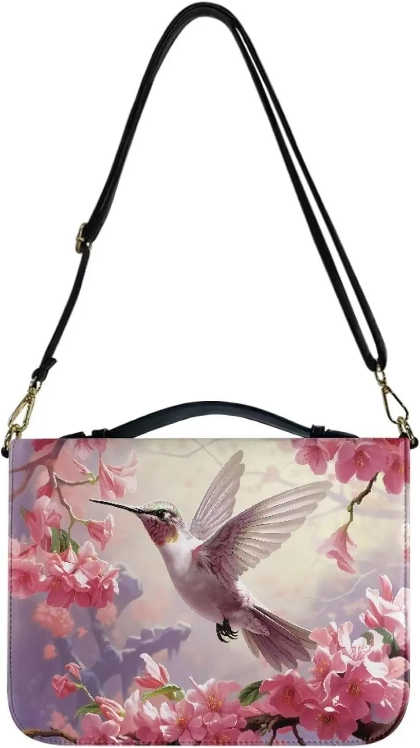 Talayituse Hummingbird Cherry Blossom Print Bible Covers for Women Men, Multifunctional Bible Bags with Shoulder Strap, PU Leather Bible Case Book Cover Tote Bag Bible Accessories with Handl, L