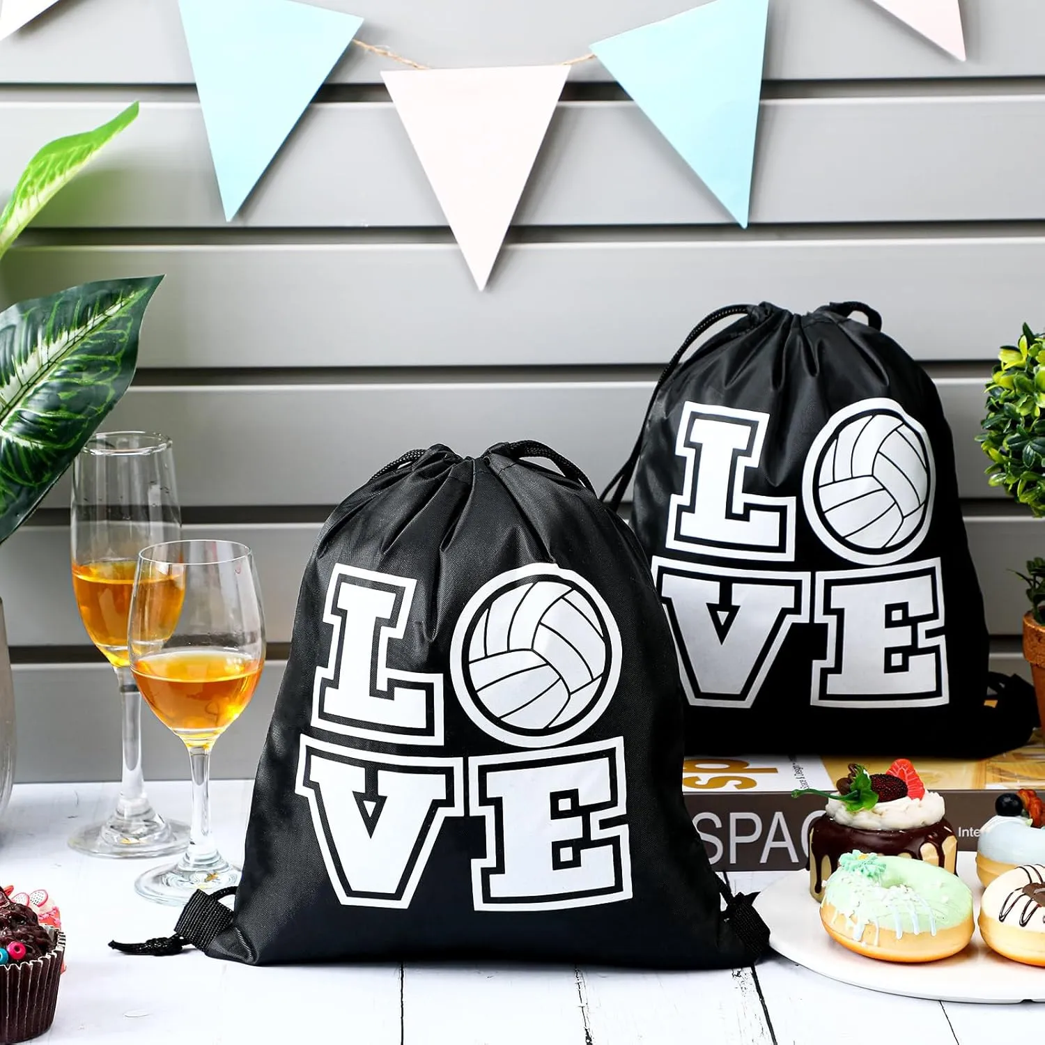 Tanlade 24 Pcs Sport Drawstring Bags Cinch Sack Candy Drawstring Bag Sport Party Goodie Favor Bags Supplies Gifts for Sports Party Men Women (Volleyball,10 x 12 Inch)