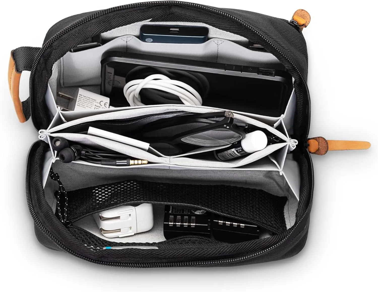 Tech Bag Organizer - Small Electronics Organizer Pouch for Travel - Premium Travel Case with Leather Accents - Mesh Pocket for Cables, Cords and Chargers (Black)
