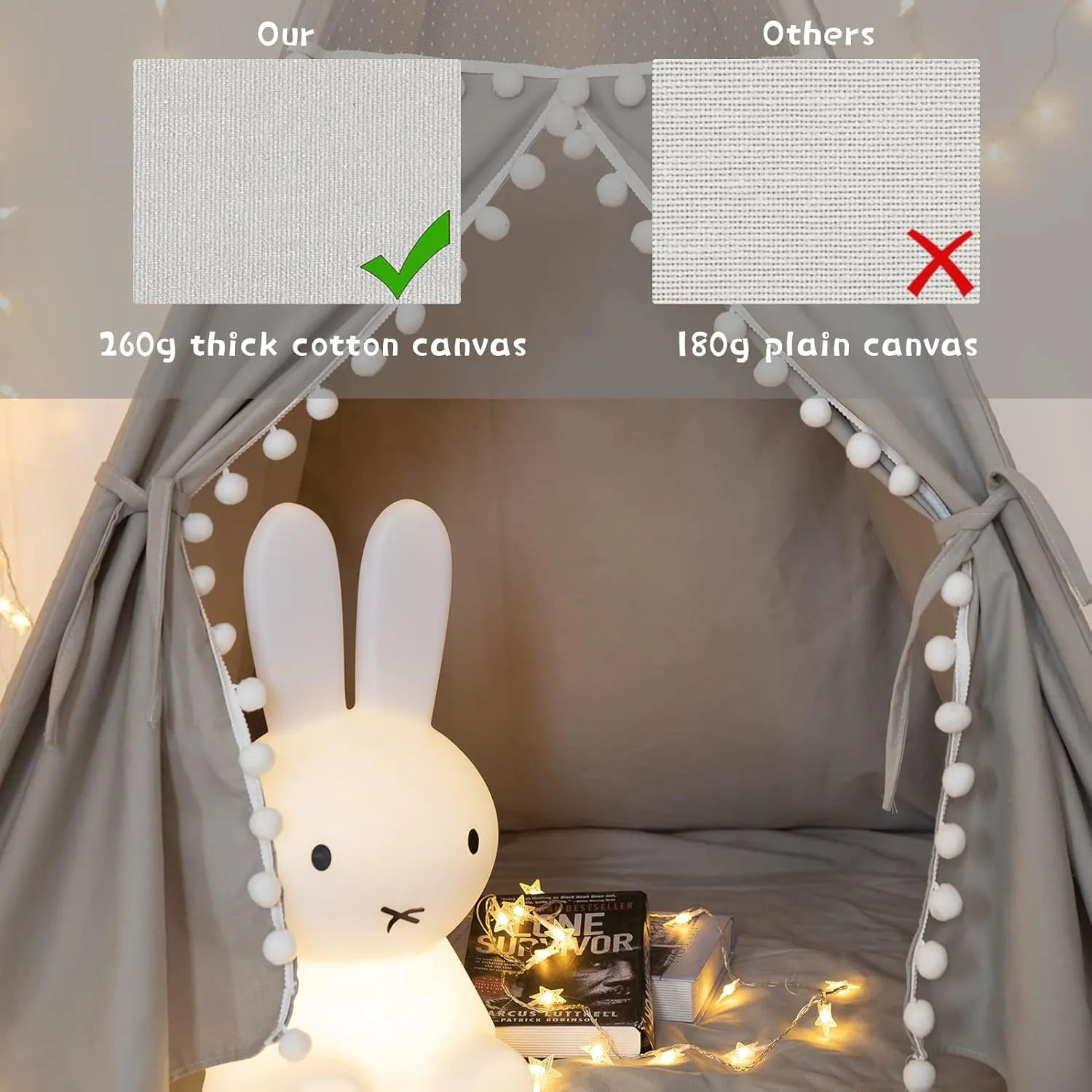 Teepee Tent for Kids with Padded Mat, Grey Foldable Play Tent with Carry Bag for Indoor Outdoor, Pompom Lace Cotton Canvas Playhouse Tipi for Girls Boys