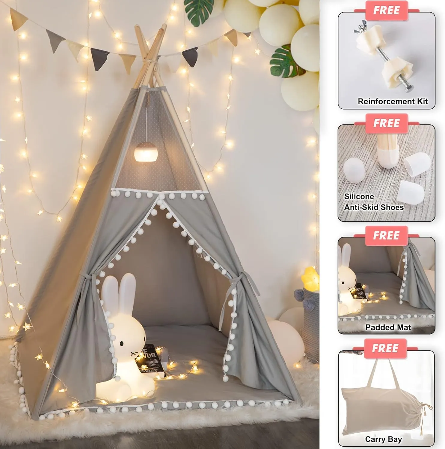 Teepee Tent for Kids with Padded Mat, Grey Foldable Play Tent with Carry Bag for Indoor Outdoor, Pompom Lace Cotton Canvas Playhouse Tipi for Girls Boys