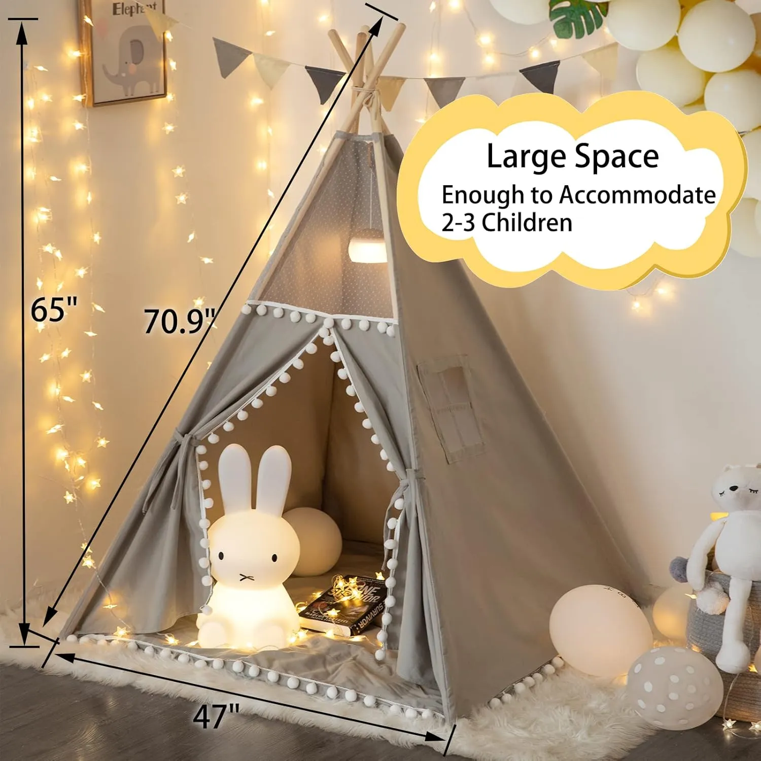 Teepee Tent for Kids with Padded Mat, Grey Foldable Play Tent with Carry Bag for Indoor Outdoor, Pompom Lace Cotton Canvas Playhouse Tipi for Girls Boys