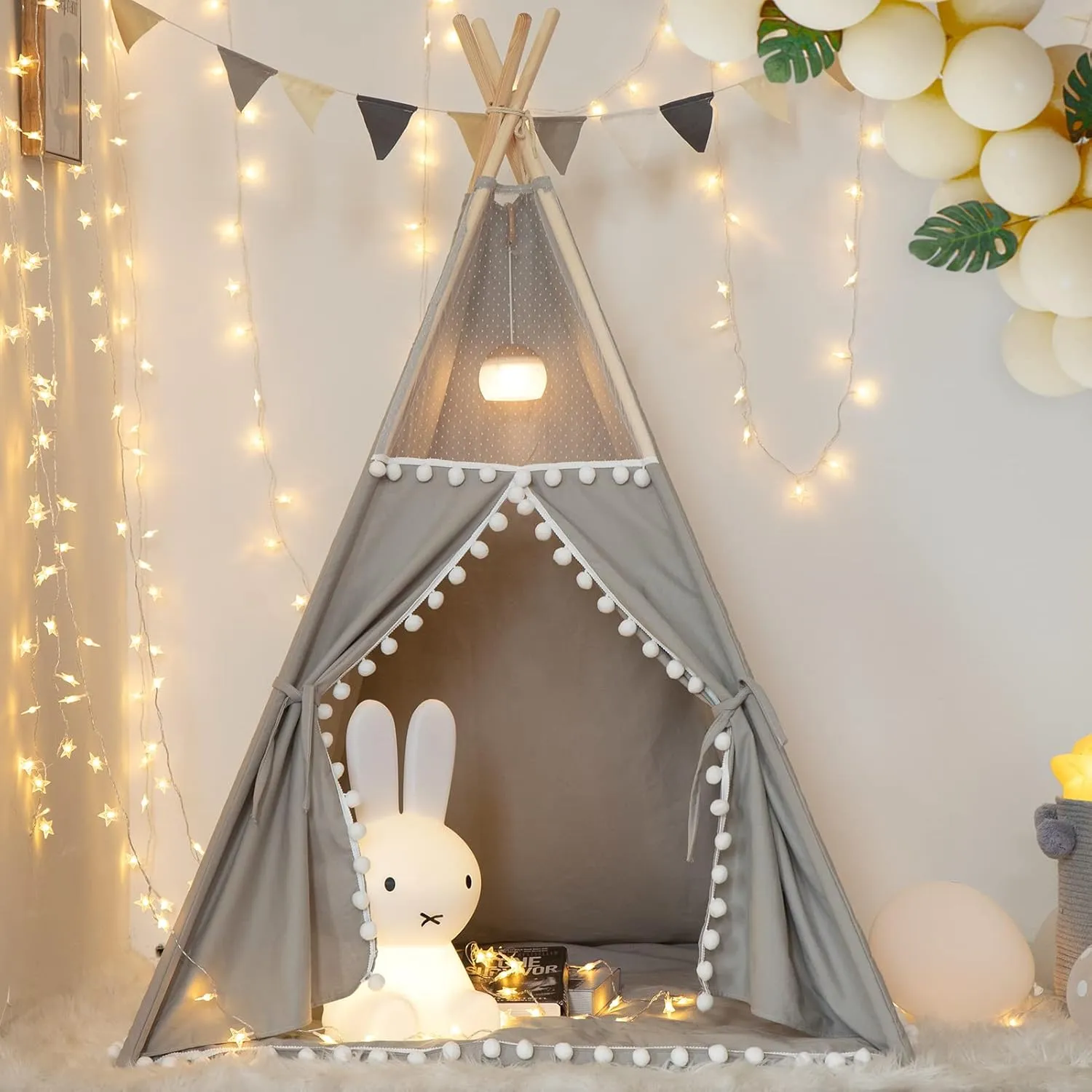 Teepee Tent for Kids with Padded Mat, Grey Foldable Play Tent with Carry Bag for Indoor Outdoor, Pompom Lace Cotton Canvas Playhouse Tipi for Girls Boys