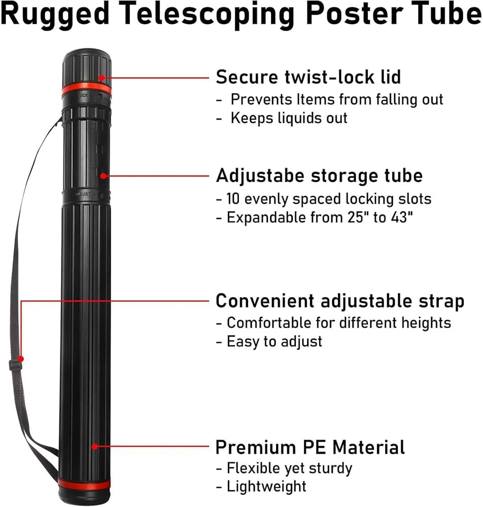 Telescoping Poster Tube Extendable 25" to 43" - Water-proof & Lightproof Storage Tube for Artwork Documents Blueprints Maps - Protective Storage Cases for Architects (DФ4.1*L25.6"*42.5")