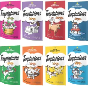 Temptation Classic Tasty Cat Treats Variety Pack 8 Flavors (Tantalizing Turkey, Chicken, Hearty Beef, Tuna, Creamy Dairy, Blissful Catnip,Savory Salmon, Seafood Medley) 3oz Each with Petlewa Box