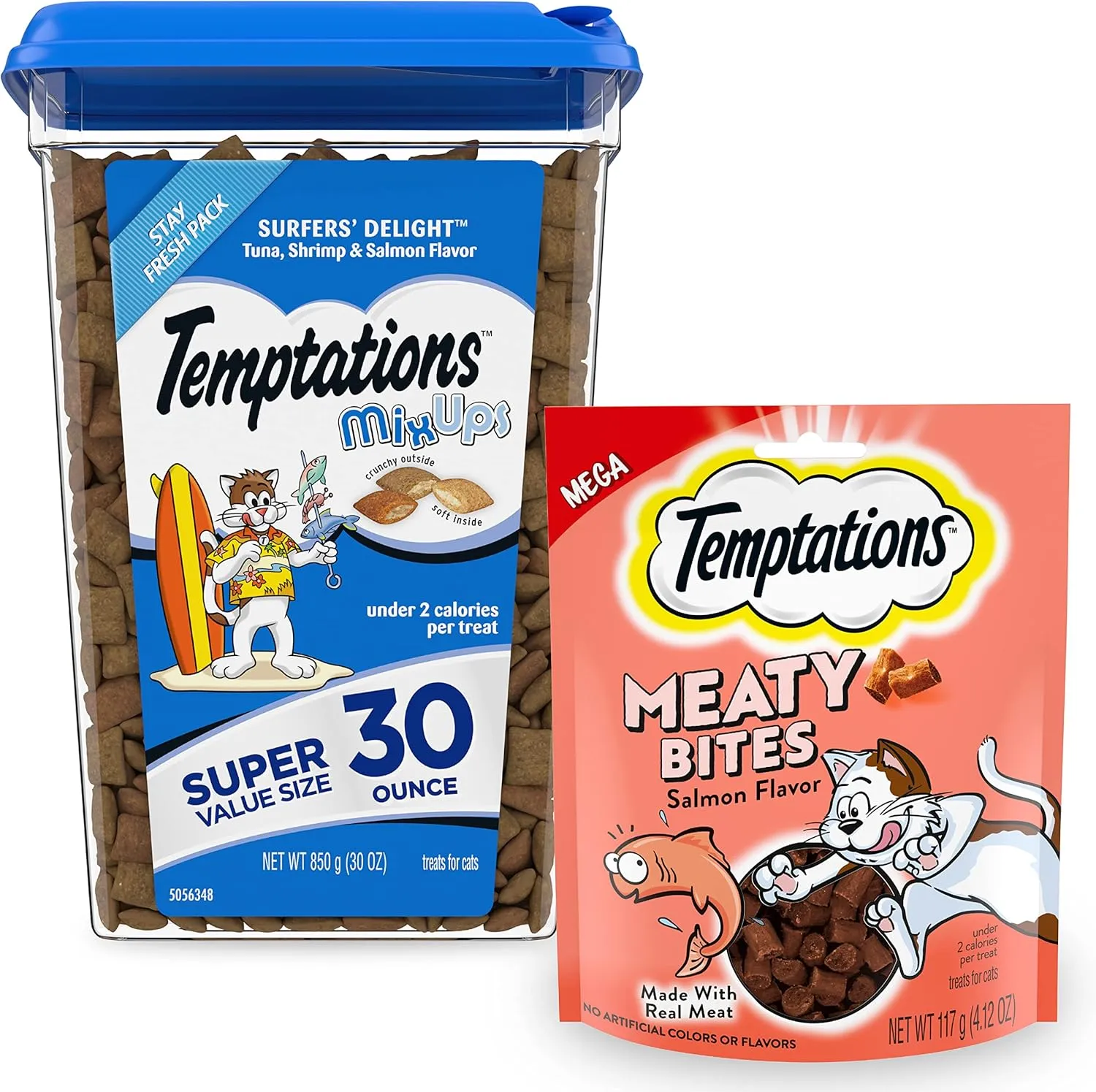 Temptations Bundle Pack | MixUps Crunchy and Soft Cat Treats, Surfer's Delight Flavor, 30 oz. Tub Meaty Bites, Soft and Savory Cat Treats, Salmon Flavor, 4.12 oz. Pouch