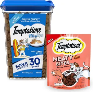 Temptations Bundle Pack | MixUps Crunchy and Soft Cat Treats, Surfer's Delight Flavor, 30 oz. Tub Meaty Bites, Soft and Savory Cat Treats, Salmon Flavor, 4.12 oz. Pouch