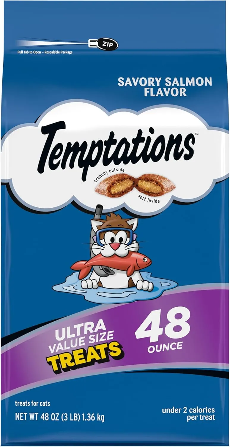 Temptations Classic Crunchy and Soft Cat Treats Savory Salmon Flavor, 48 oz. Bag