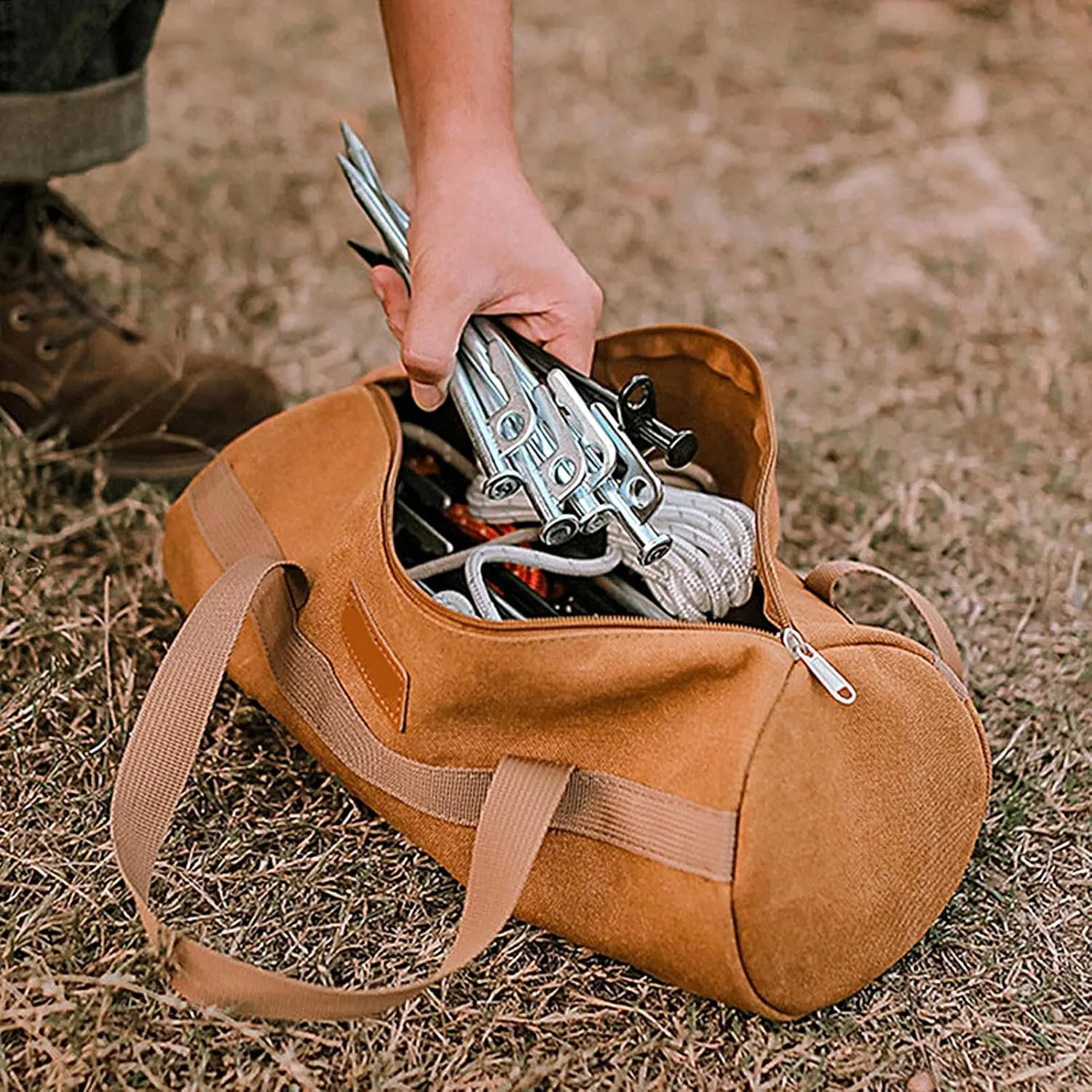 Tent Stake Bag Strong | Hiking Accessories - Multipurpose Tent Stake Storage Bag Canvas Tool Bag with Zipper for Tent Pegs and Camping Hammer