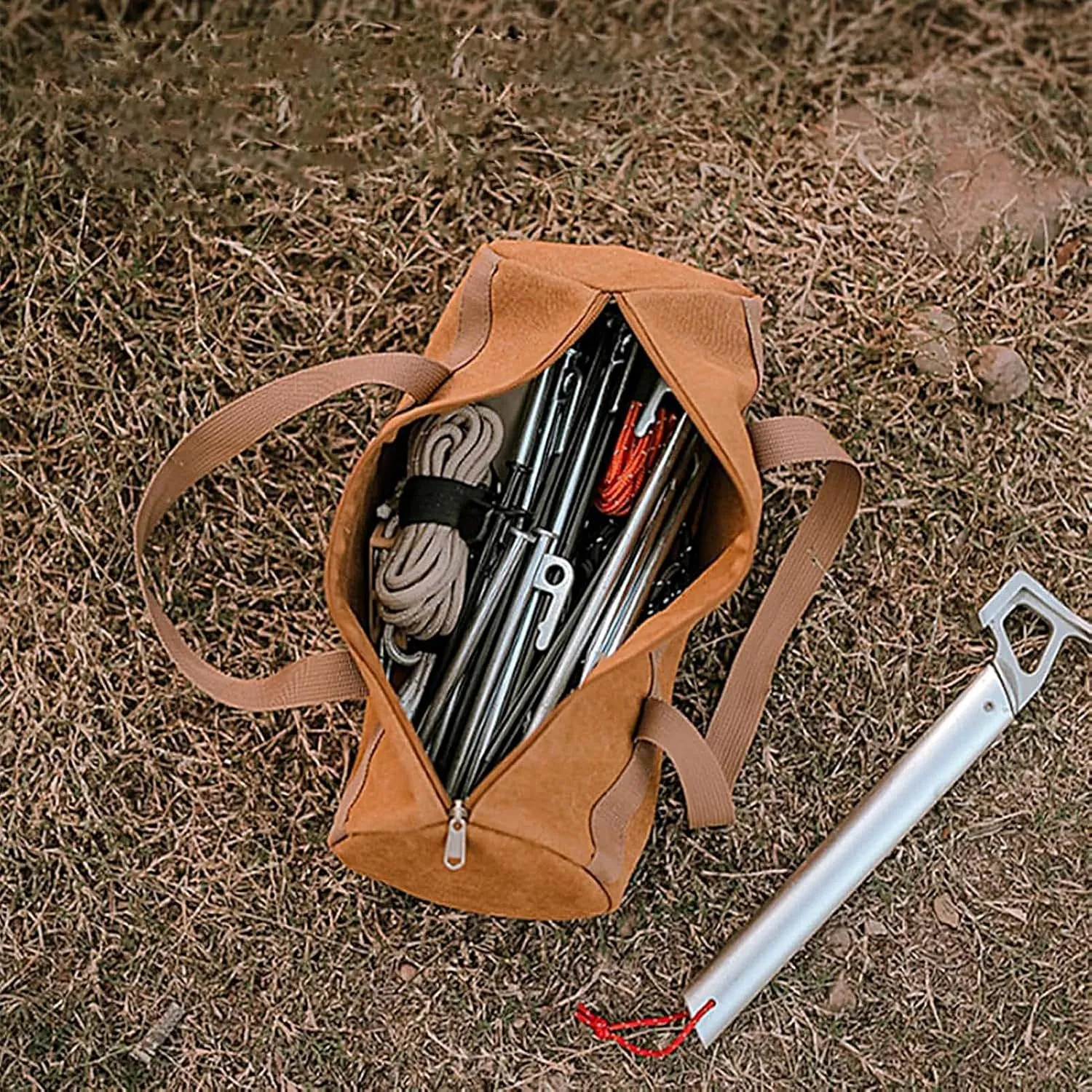 Tent Stake Bag Strong | Hiking Accessories - Multipurpose Tent Stake Storage Bag Canvas Tool Bag with Zipper for Tent Pegs and Camping Hammer