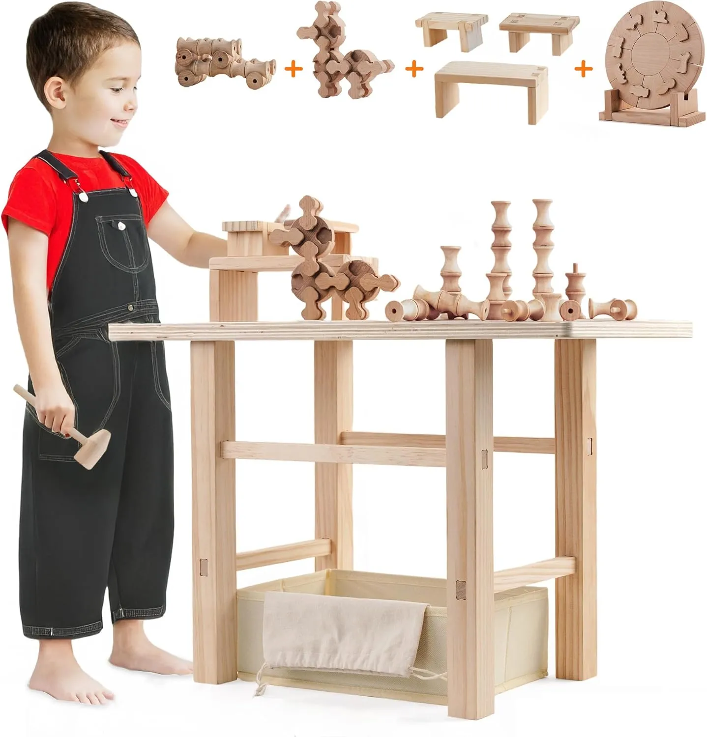 TGZ101, 5-in-1 Kids Workbench with 83 Pcs Blocks, Kids Tool Bench, Toddler Tool Set,Wooden Workstation, Durable & Safe Wood, Montessori Toys,Comes with 3 Stacking Toys,Open Combination Play.