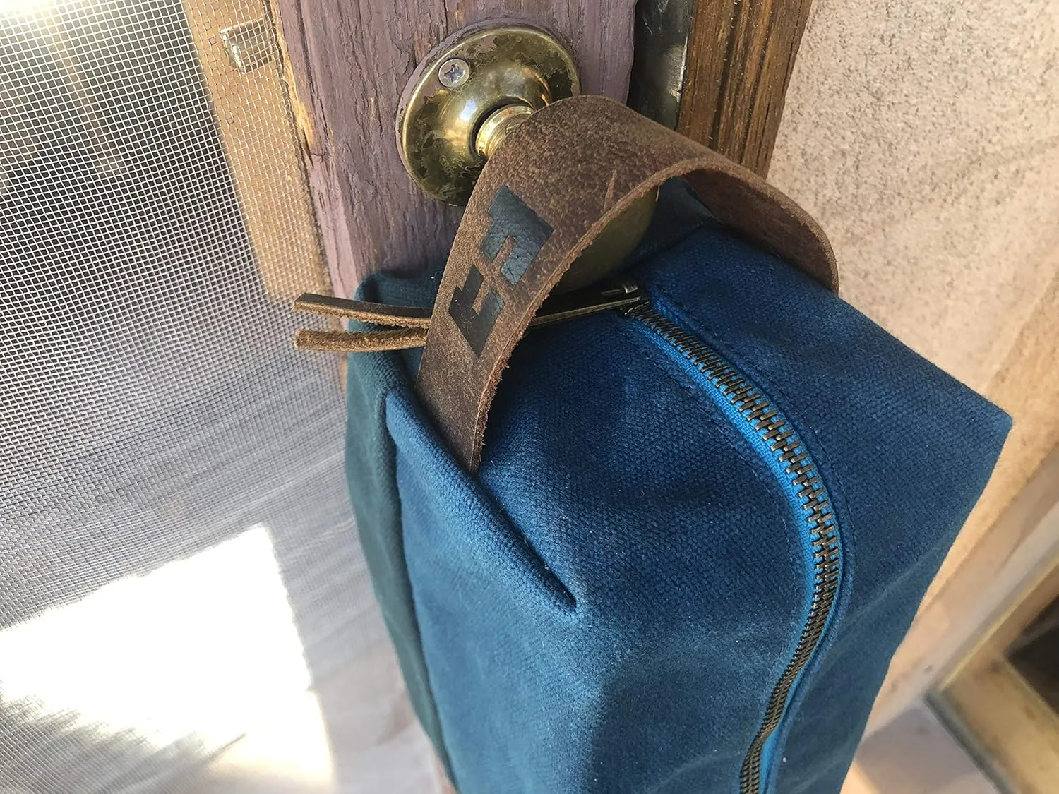 the DOPP KIT | durable waxed cotton canvas toiletry bag with leather handle (AlpineLake)