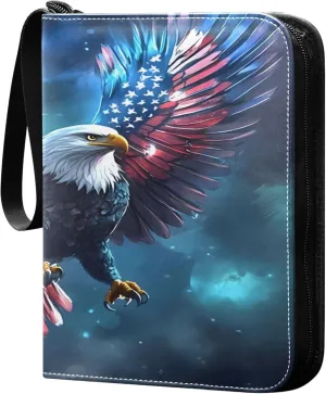 The USA Flag and Bird Card Binder 4 Pocket Collectible Trading Card Albums with 50 Sleeves Double Side PU Waterproof 3 Ring for Sports & Game Cards