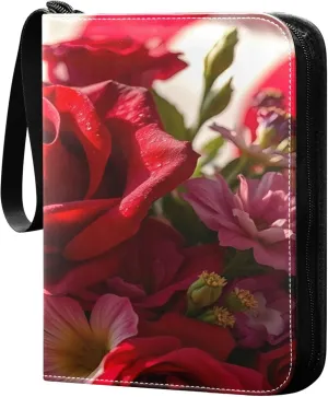 The USA Flag and Roses Card Binder 4 Pocket Collectible Trading Card Albums with 50 Sleeves Double Side PU Waterproof 3 Ring for Sports & Game Cards