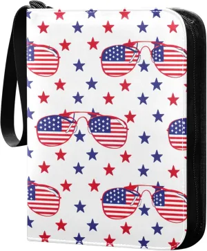 The USA Flag Glasses and Stars Card Binder 4 Pocket Collectible Trading Card Albums with 50 Sleeves Double Side PU Waterproof 3 Ring for Sports & Game Cards